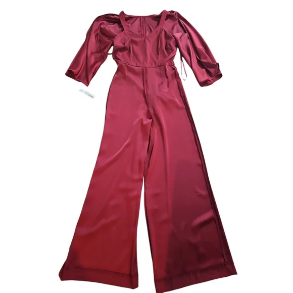 Gianni Bini Wide Leg Belted Jumpsuit Burgundy Red 3/4 Sleeve Size 2 - Picture 9 of 11